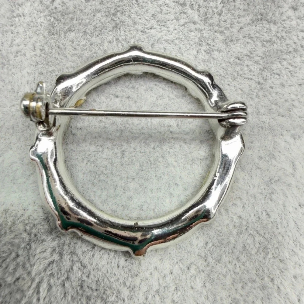 Vintage Paste Rhinestone Brooch Silver Tone Clear Circle MCM Dainty Glam